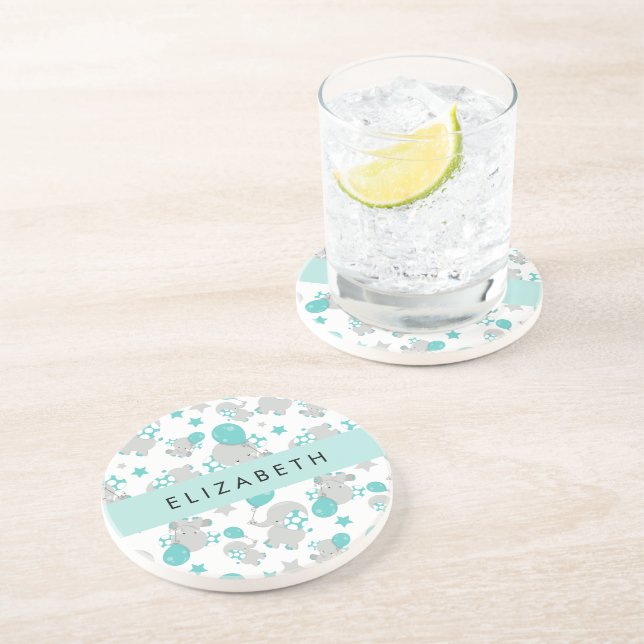 Pattern Of Elephants, Cute Elephants, Your Name Coaster (Side)