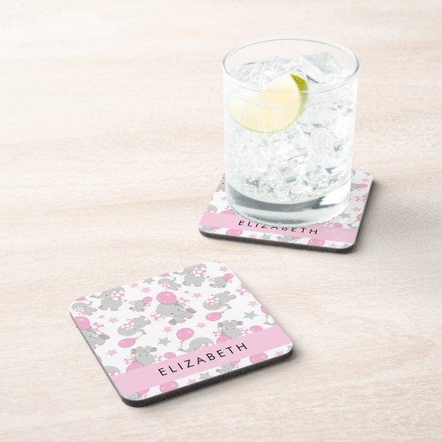 Pattern Of Elephants, Cute Elephants, Your Name Coaster (Right Side)