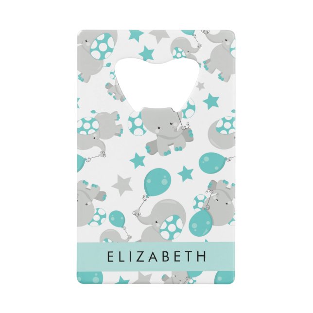 Pattern Of Elephants, Cute Elephants, Your Name Credit Card Bottle Opener (Front)