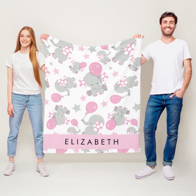 Pattern Of Elephants, Cute Elephants, Your Name Fleece Blanket (In Situ)