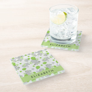Pattern Of Elephants, Cute Elephants, Your Name Glass Coaster