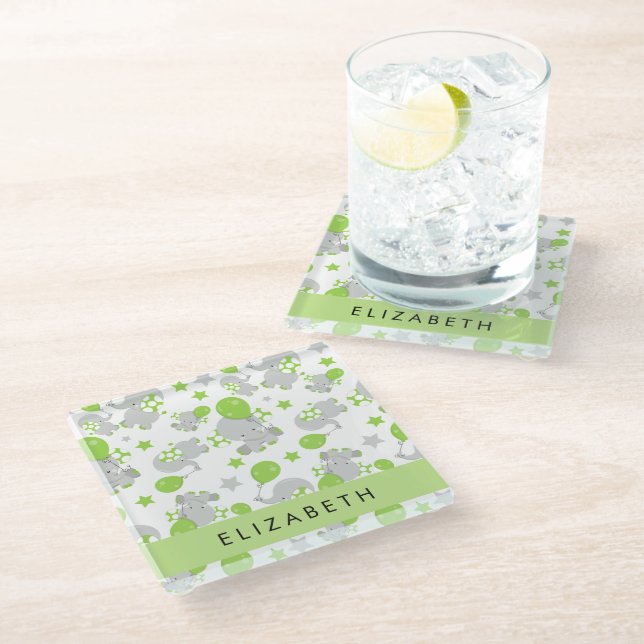 Pattern Of Elephants, Cute Elephants, Your Name Glass Coaster (Angled)