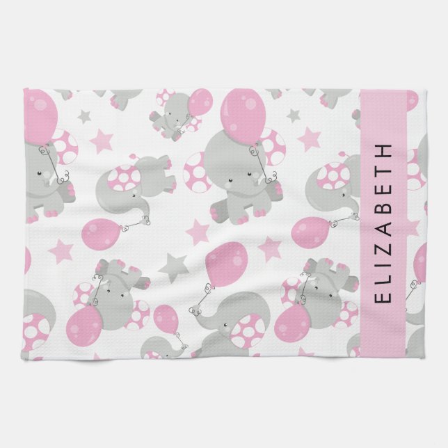 Pattern Of Elephants, Cute Elephants, Your Name Kitchen Towel (Horizontal)