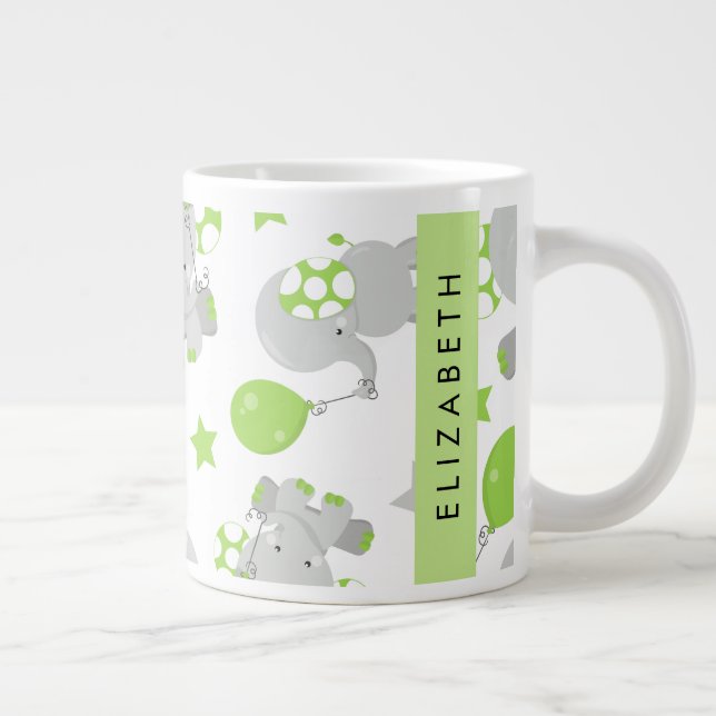 Pattern Of Elephants, Cute Elephants, Your Name Large Coffee Mug (Right)
