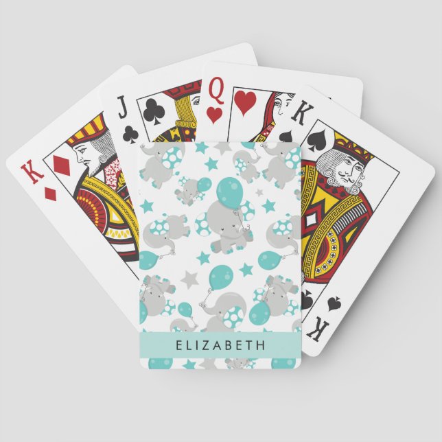 Pattern Of Elephants, Cute Elephants, Your Name Playing Cards (Back)