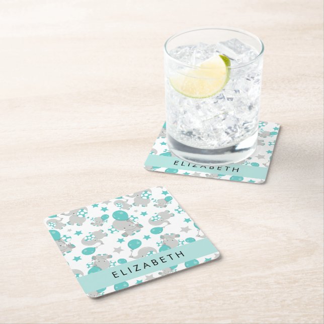 Pattern Of Elephants, Cute Elephants, Your Name Square Paper Coaster (Insitu)