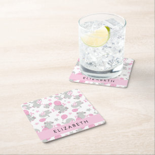 Pattern Of Elephants, Cute Elephants, Your Name Square Paper Coaster