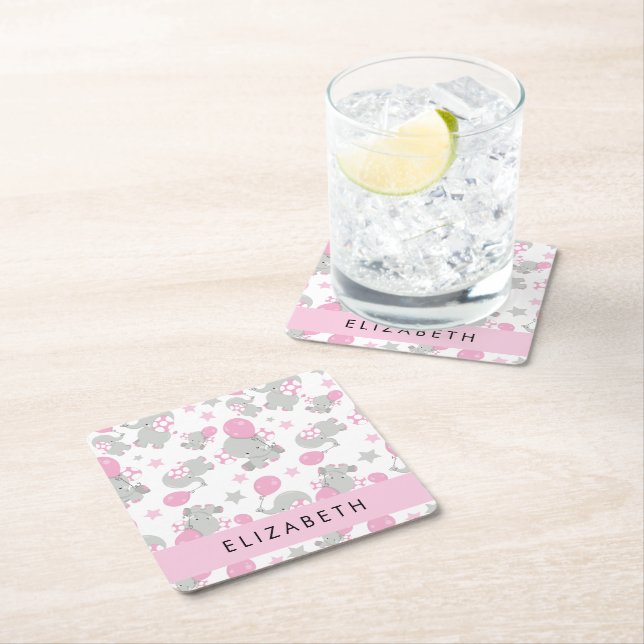 Pattern Of Elephants, Cute Elephants, Your Name Square Paper Coaster (Insitu)