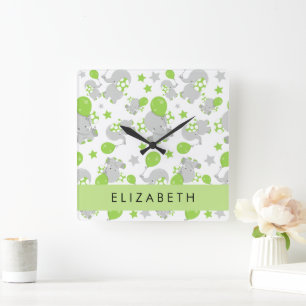 Pattern Of Elephants, Cute Elephants, Your Name Square Wall Clock