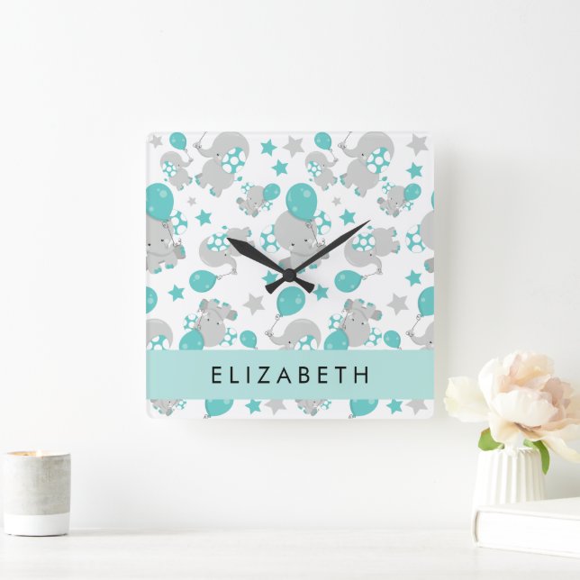 Pattern Of Elephants, Cute Elephants, Your Name Square Wall Clock (Home)