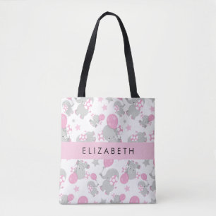 Pattern Of Elephants, Cute Elephants, Your Name Tote Bag