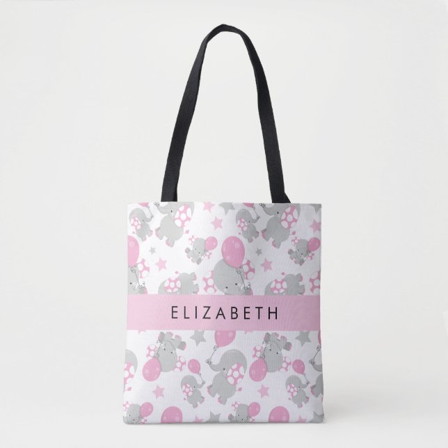 Pattern Of Elephants, Cute Elephants, Your Name Tote Bag (Front)