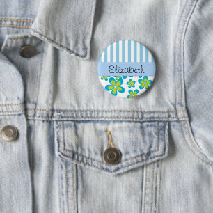 Pattern Of Flowers, Blue Stripes, Your Name 2 Inch Round Button