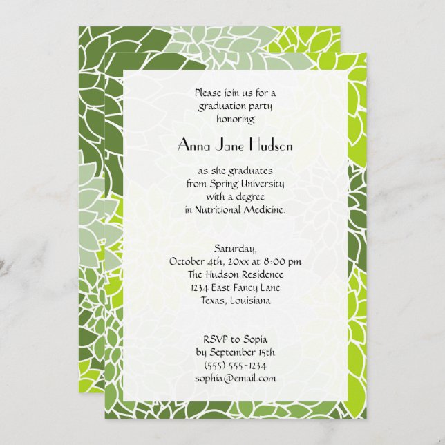 Pattern Of Flowers, Green Dahlia, Graduation Invitation (Front/Back)