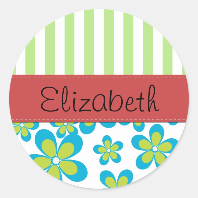 Pattern Of Flowers, Green Stripes, Your Name Classic Round Sticker (Front)