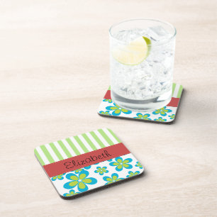 Pattern Of Flowers, Green Stripes, Your Name Coaster