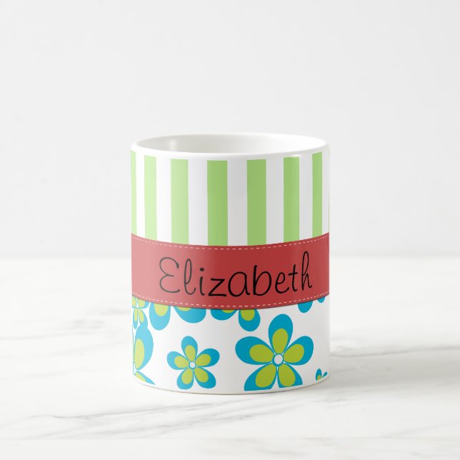 Pattern Of Flowers, Green Stripes, Your Name Coffee Mug (Center)