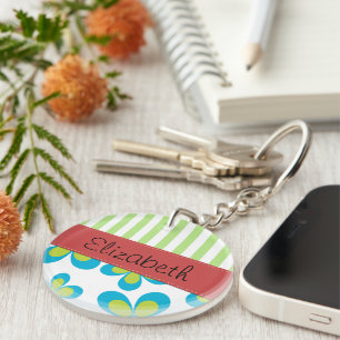 Pattern Of Flowers, Green Stripes, Your Name Keychain