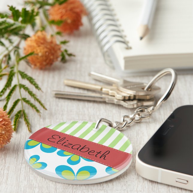 Pattern Of Flowers, Green Stripes, Your Name Keychain (Front Right)