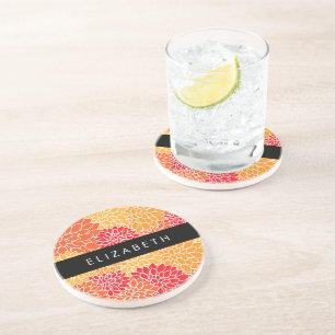 Pattern Of Flowers, Orange Dahlia, Your Name Coaster