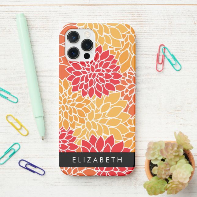 Pattern Of Flowers, Orange Dahlia, Your Name iPhone Case (On Desk)