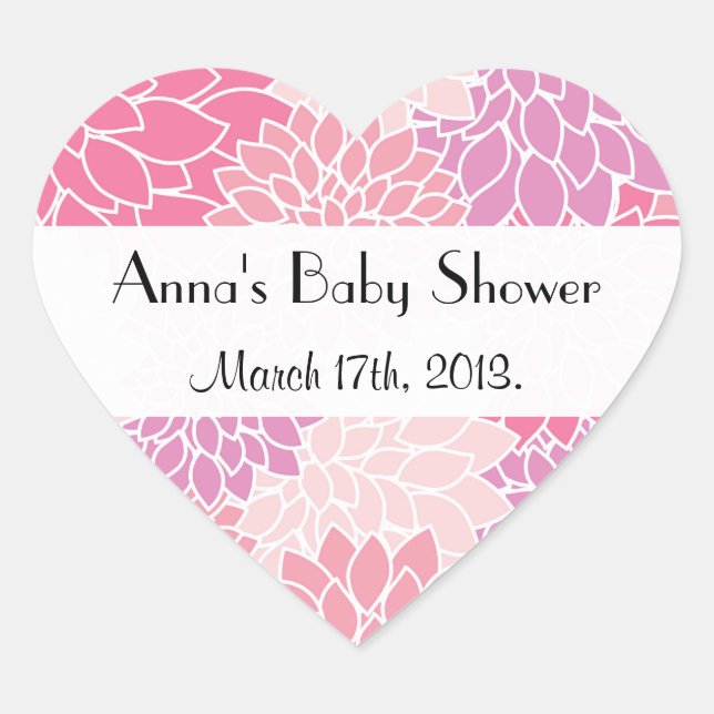 Pattern Of Flowers, Pink Dahlia, Baby Shower Heart Sticker (Front)