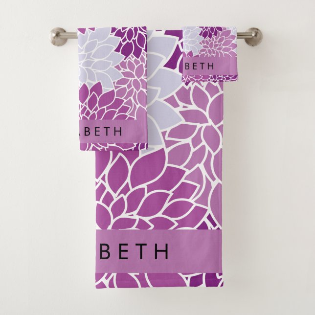 Pattern Of Flowers, Purple Dahlia, Your Name Bath Towel Set (Insitu)