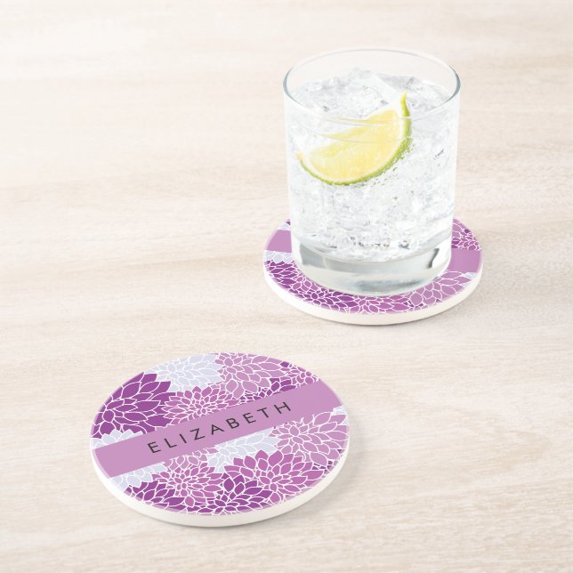 Pattern Of Flowers, Purple Dahlia, Your Name Coaster (Side)
