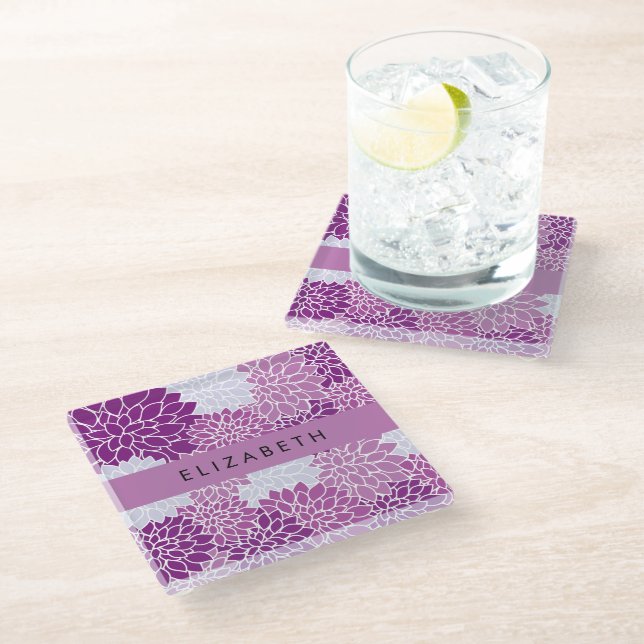 Pattern Of Flowers, Purple Dahlia, Your Name Glass Coaster (Angled)