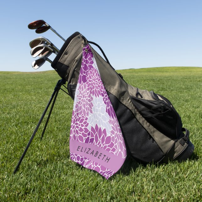 Pattern Of Flowers, Purple Dahlia, Your Name Golf Towel (Green)