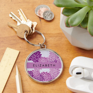 Pattern Of Flowers, Purple Dahlia, Your Name Keychain