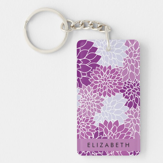 Pattern Of Flowers, Purple Dahlia, Your Name Keychain (Front)