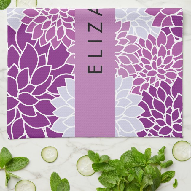 Pattern Of Flowers, Purple Dahlia, Your Name Kitchen Towel (Folded)