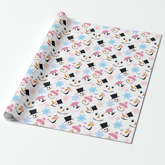 Pattern Of Funny Snowmen Faces And Snowflakes Wrapping Paper (Unrolled)