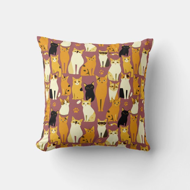 Pattern of Ginger, Black and White Cats Throw Pillow (Front)