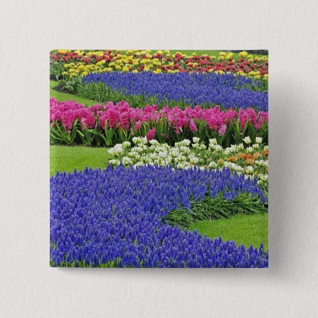 Pattern of Grape Hyacinth, tulips, and 3 2 Inch Square Button (Front)