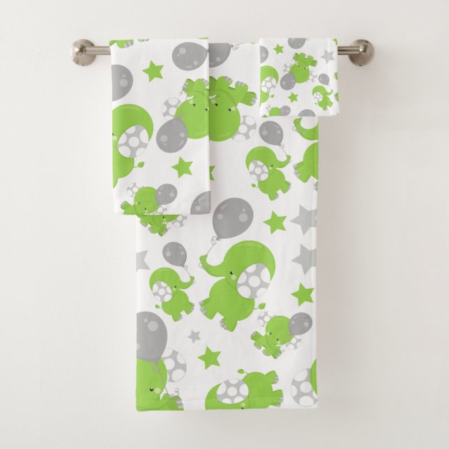 Pattern Of Green Elephants, Cute Elephants, Stars Bath Towel Set (Insitu)