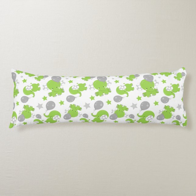 Pattern Of Green Elephants, Cute Elephants, Stars Body Pillow (Front)