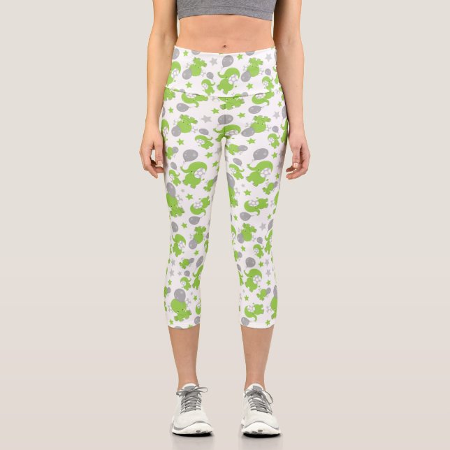 Pattern Of Green Elephants, Cute Elephants, Stars Capri Leggings (Front)
