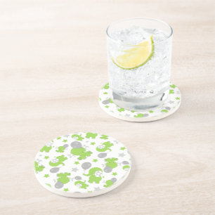 Pattern Of Green Elephants, Cute Elephants, Stars Coaster