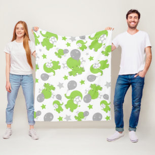 Pattern Of Green Elephants, Cute Elephants, Stars Fleece Blanket