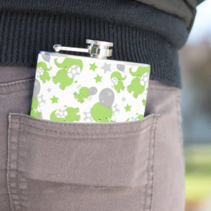 Pattern Of Green Elephants, Cute Elephants, Stars Hip Flask