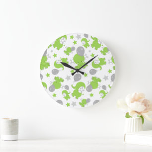 Pattern Of Green Elephants, Cute Elephants, Stars Large Clock