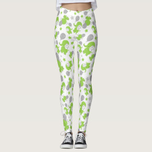 Pattern Of Green Elephants, Cute Elephants, Stars Leggings
