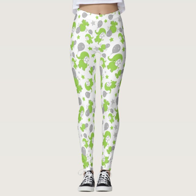 Pattern Of Green Elephants, Cute Elephants, Stars Leggings (Front)