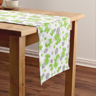 Pattern Of Green Elephants, Cute Elephants, Stars Medium Table Runner