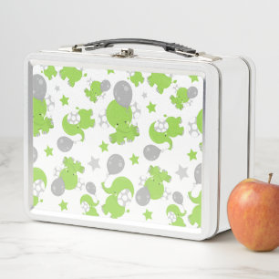 Pattern Of Green Elephants, Cute Elephants, Stars Metal Lunch Box