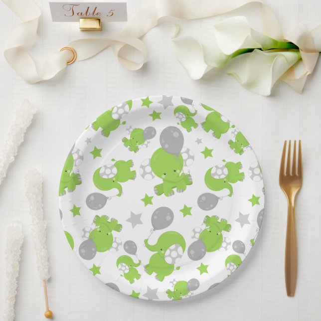 Pattern Of Green Elephants, Cute Elephants, Stars Paper Plate (Wedding)