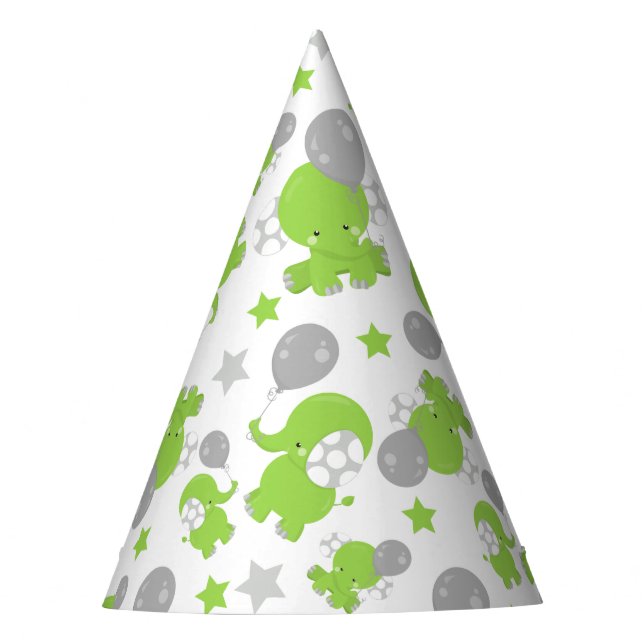 Pattern Of Green Elephants, Cute Elephants, Stars Party Hat (Front)