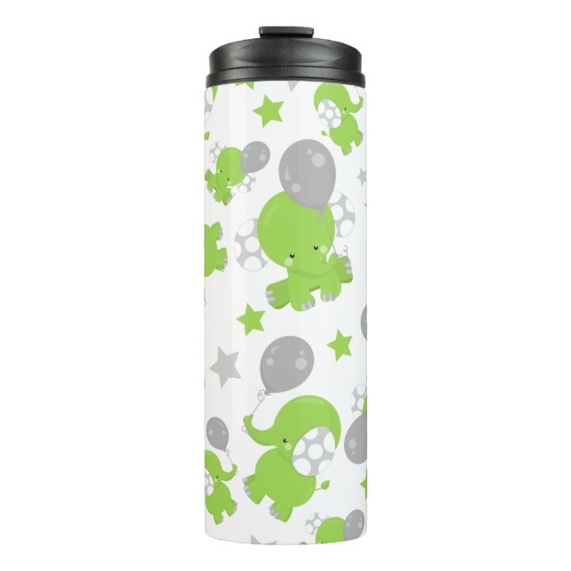 Pattern Of Green Elephants, Cute Elephants, Stars Thermal Tumbler (Front)